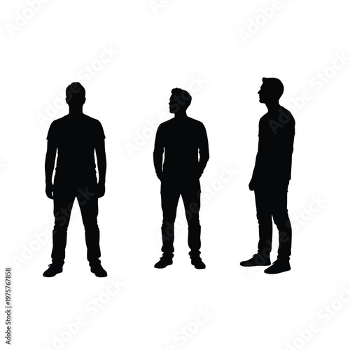 Three male silhouettes stand in a row facing forward against a white background