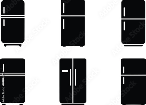 Refrigerator icons set, kitchen appliance silhouettes, black and white fridge designs, household cooling storage, modern and retro refrigerator illustration symbols