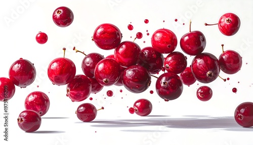 Levitation of red, round fruits and splattered juice against a stark white backdrop, showcasing light and shadows