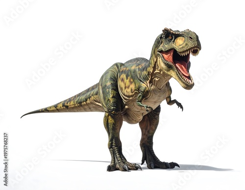 Lifelike depiction of a Tyrannosaurus Rex in full body, poised on a white background, showcasing detailed skin textures and open mouth
