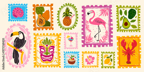Vintage summer hand drawn postage stamps with tropical beach elements, postcard frames, vector sticker illustrations. Exotic vacation motifs, retro travel design and coastal prints.