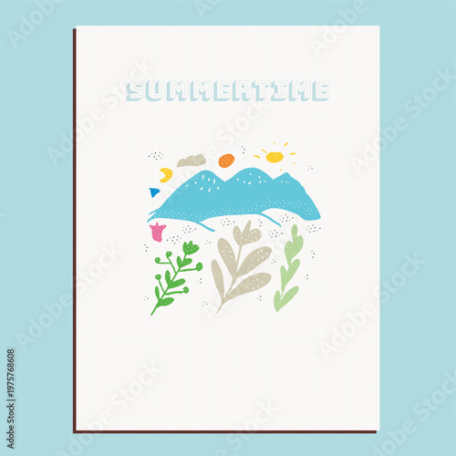 Hand-Drawn Summertime Mountain Landscape Illustration