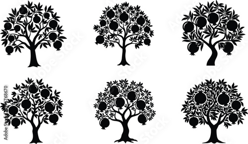 Pomegranate tree silhouettes, black fruit tree icons, abstract orchard illustration, decorative vector trees, nature design elements, isolated foliage set, agricultural graphic
