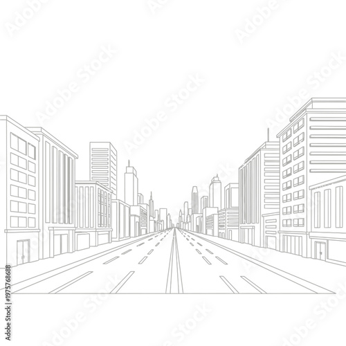 Cityscape Outline Drawing: Straight Road Leading to Modern Buildings and Skyscrapers