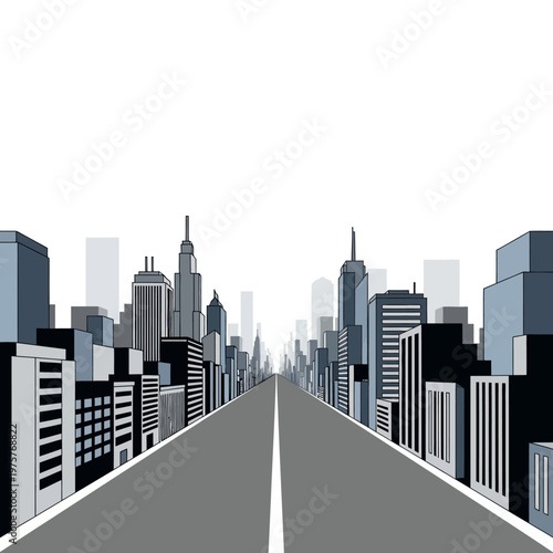 Cityscape Perspective: Modern Buildings Along Empty Highway Towards Horizon