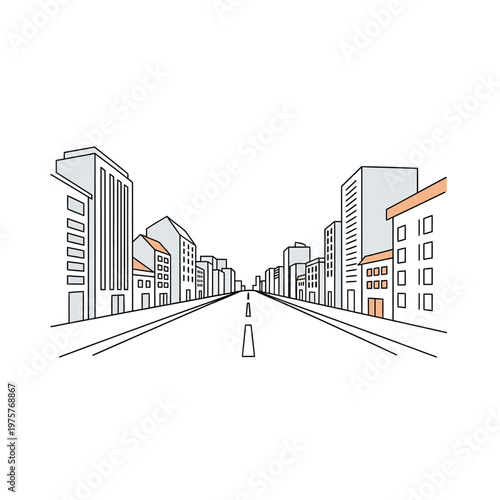 Clean vector illustration of a city street perspective with modern buildings and empty road.