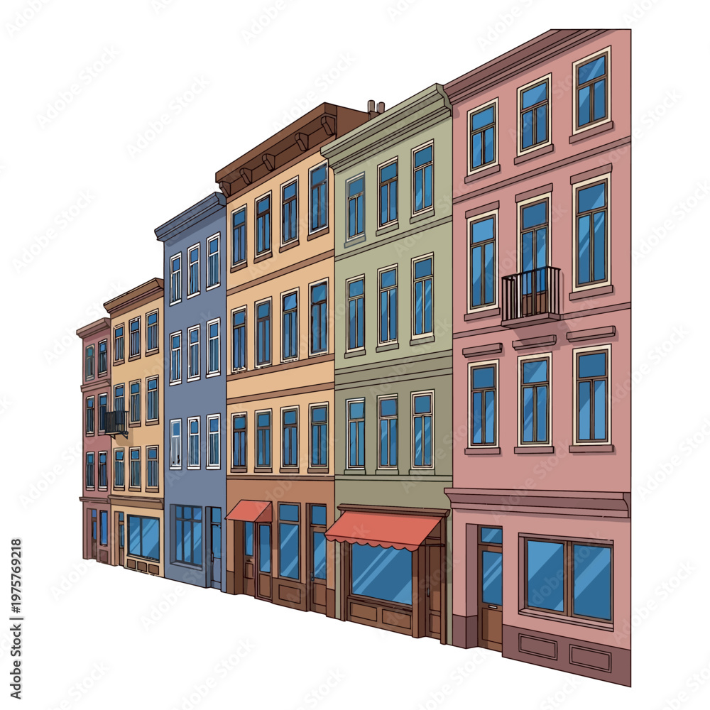 Fototapeta premium Colorful Row Houses Facade with Shops and Balcony, European Architecture Style