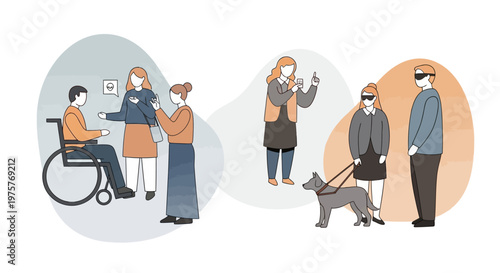 Diverse group of people interacting while maintaining social distance