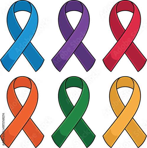Awareness ribbons in various vibrant colors represent a collection of symbols used to support different health causes and social movements globally for charitable organizations and public campaigns.