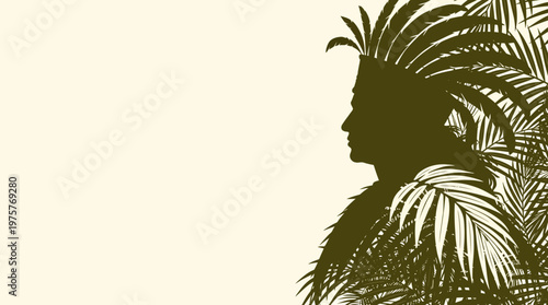 Silhouette of an indigenous person with a large feathered headdress surrounded by tropical palm leaves on a light background, depicting cultural heritage.