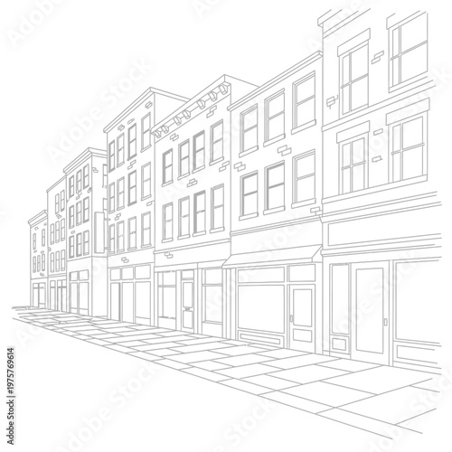 Line Art Illustration of Historic Main Street Architecture with Shops and Sidewalk