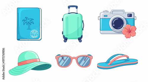 A collection of colorful travel and vacation essentials including a passport, suitcase, camera, sun hat, sunglasses, and flip-flops.