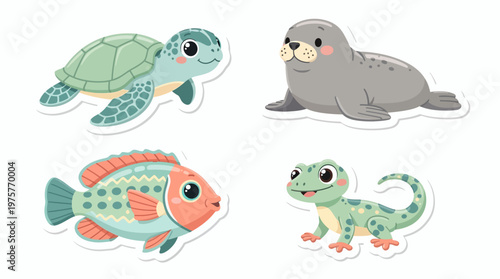 Cute cartoon animal stickers featuring a sea turtle, a seal pup, a colorful fish, and a green gecko, isolated on white background.