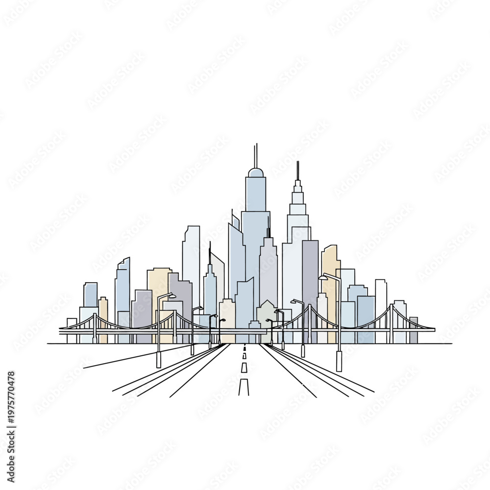 Fototapeta premium Modern City Skyline with Bridge and Road - Minimalist Line Art