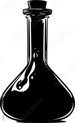 A minimalist alchemy retort in stark black silhouette, with crisp high contrast edges and a minimalist stencil design, isolated on pure white background