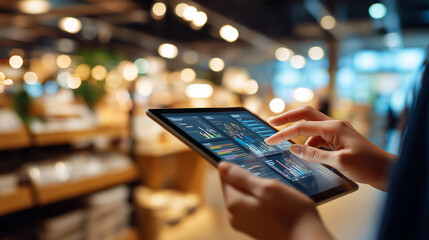 Close up of hands holding a tablet showing a smart store management dashboard with inventory tracking customer flow heat maps and shelf analytics the tablet held in front of