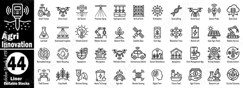 Agri Innovation: Modern agriculture innovation icons set in outline style flat design.