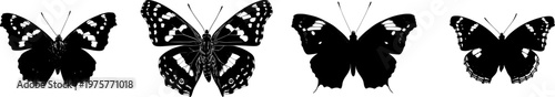 A detailed purple emperor butterfly in a flat vector style, open wings with stark black silhouette against a pure white background, showcasing crisp high contrast edges and minimalist stencil design