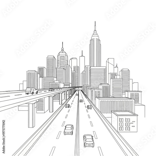 Modern City Skyline with Highway and Cars, Architectural Sketch