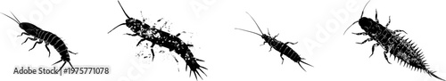 A detailed silverfish primitive form side view in stark black silhouette, isolated on pure white background with crisp high contrast edges, minimalist stencil design suitable for auto tracing