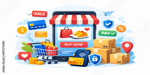 Cartoon shopping cart icon filled with colorful gifts and toy vehicles like cars and transport items