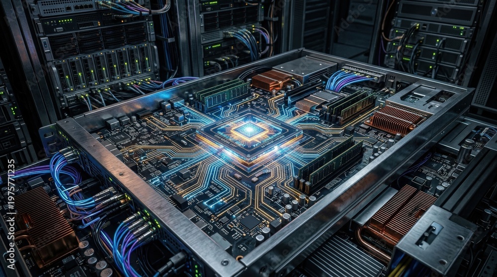 Fototapeta premium An AI processor core powering an intelligent network system, radiant central chip, intricate circuit lines, metallic surfaces, dramatic sci-fi lighting, ultra-realistic, no logos.