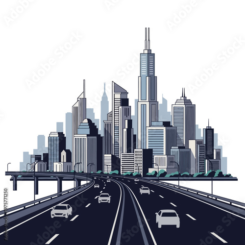 Modern City Skyline with Highway Traffic, Urban Landscape Illustration