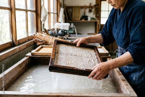 Japanese washi paper artisan crafting paper by hand with wooden frame, focus on texture and craftsmanship in rural workshop