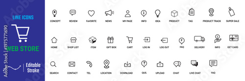 web store icon set collection for website, apps, presentation. online shopping icon set. line icons. business icon set. including store, retail, buy, sell, card, delivery etc. vector illustration.