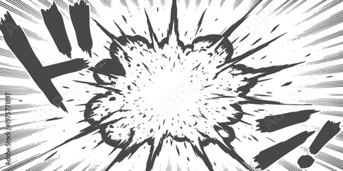 A stylized black and white manga explosion effect with dynamic lines and high energy impact