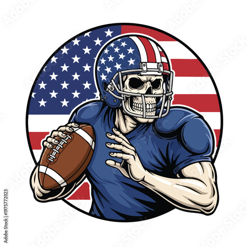 Skeleton football player with American flag background illustration