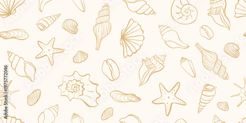 Seamless pattern with hand drawn seashell in line art 