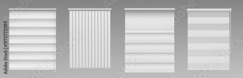 Realistic 3D white venetian blinds, vector mockup isolated on transparent background. Modern window horizontal shutter, textile roller shades, closed vertical jalousie, office or home interior design