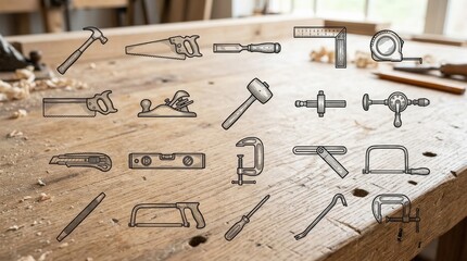 Carpentry tool line icons with saws, hammers and woodworking instruments in a monochrome drawing set, practical craftsmanship mood, ultra-realistic, no logos.