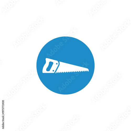 Blue circle background with a white vector of a handsaw