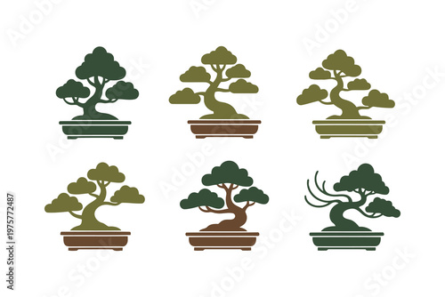 Set of Bonsai Trees in Different Styles and Colors