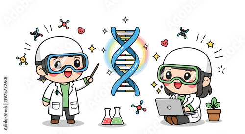 Cute cartoon scientists wearing protective goggles conducting DNA research in a laboratory with colorful scientific