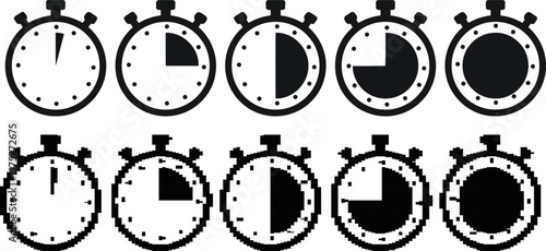 Five stopwatch icons depicting decreasing time with varying fill levels on transparent background