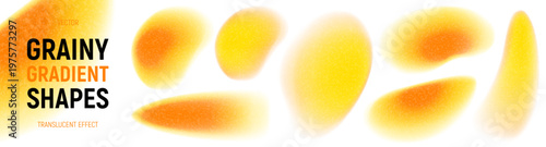 Orange and yellow grainy gradient shapes. Vibrant vector shapes with blur edges, iridescent gradient and grainy texture. Bright acid neon gradient shapes isolated on light background.