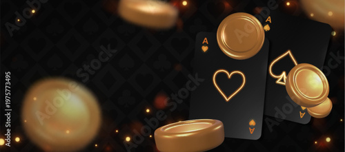 Luxurious casino background with gold chips and poker cards, falling confetti on elegant black vector backdrop. VIP gambling tournament banner, premium gaming invitation border, poster template