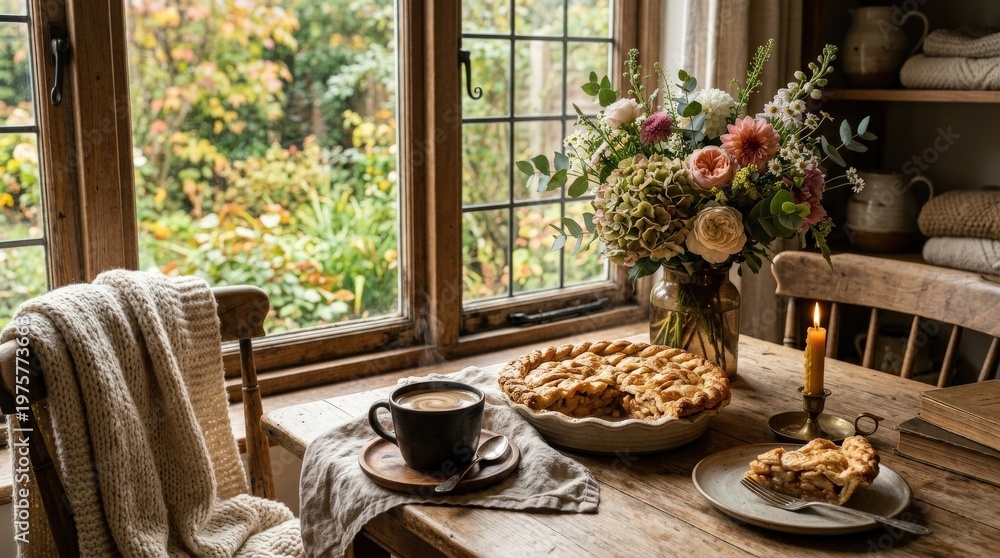Fototapeta premium A cozy scene with pie, coffee and flowers on a table by soft window light, warm textiles and gentle homestead charm, peaceful comforting atmosphere, ultra-realistic, no logos.