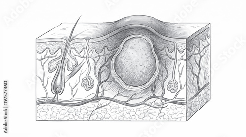 Hand Drawn Pencil Sketch of Acne Formation and Skin Cross-Section