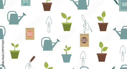 Colorful illustration of potted plants and watering cans.