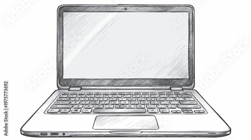 A hand drawn pencil sketch of an open laptop computer on a white background