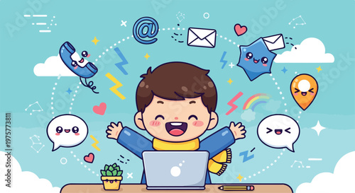 Child excitedly using a laptop computer with email and message icons floating around in a cheerful digital