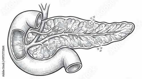 Hand drawn pencil sketch illustration of the human pancreas and duodenum