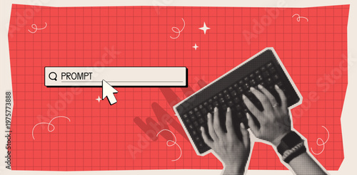 Ai tech collage poster with halftone texture, computer keyboard, typing hands and prompt frame bar, abstract vector background. Retro art design, artificial intelligence contemporary concept