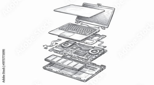 Hand drawn pencil sketch illustration of a disassembled laptop with its internal components shown, showing the motherboard and battery
