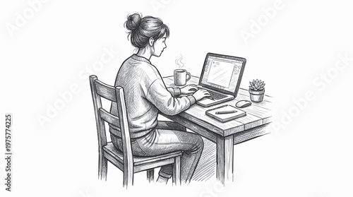 Hand drawn pencil sketch of a young woman working on a laptop at a wooden table