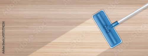 Realistic mop cleaning wooden floor surface with cleanliness effect, 3d vector background, top view. Illustration of house equipment for effective dust removal on wood parquet home flooring.